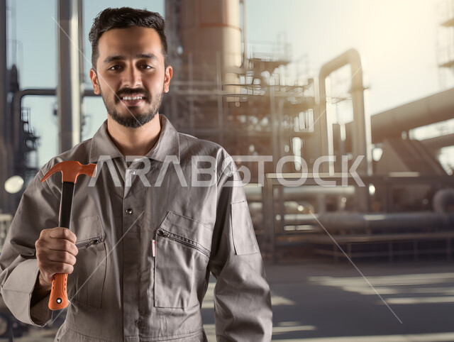 فني تشييد واكساء, صورة مقربة لمهندس بناء عربي خليجي سعودي مبتسم يرتدي زي العمل يحمل بيده المطرقة يعمل في القطاع الهندسي, النظر إلى الكاميرا بإيماءات الثقة والسرور, مهن ووظائف شبابية سعودية, الأعمال وخدمات الصيانة, خلفية المصنع
