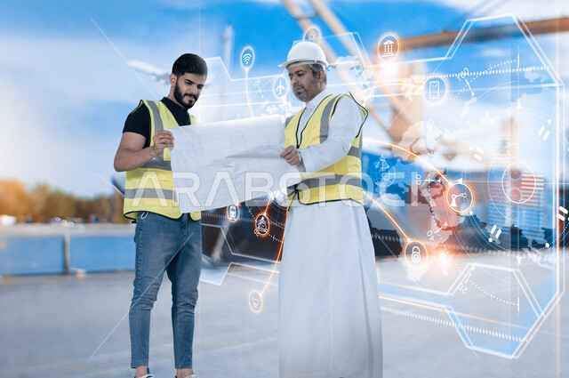إعطاء التعليمات من قبل المدير المشرف, مهندسان عربيان سعوديان خليجيان يرتديان سترة الحماية يمسكان مخطط المشروع، العمل في القطاع الهندسي في السعودية, إدارة الأعمال والإشراف والتدقيق على سير الخطة الهندسية, خلفية موقع العمل مع ايقونات بتقنية الهولوجرام