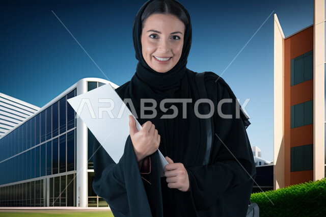 الدراسة في الجامعات السعودية، طالبة جامعية خليجية عربية سعودية مبتسمة ترتدي العباءة السوداء تحمل بيدها الكتب والحقيبة الدراسية، أهمية التعليم في بناء مستقبل متطور للمجتمع السعودي، النظر إلى الكاميرا بإيماءات السرور، خلفية المباني الجامعية