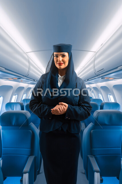 مضيفة طيران عربية سعودية خليجية مبتسمة ترتدي زي مضيفات الطيران تنظر الى الكاميرا بتعابير البشاشة والسرور، طاقم الطائرة والاستقبال والترحيب بالركاب، الخطوط الجوية السعودية، تقديم خدمات الطيران للركاب المسافرين، خلفية الطائرة من الداخل
