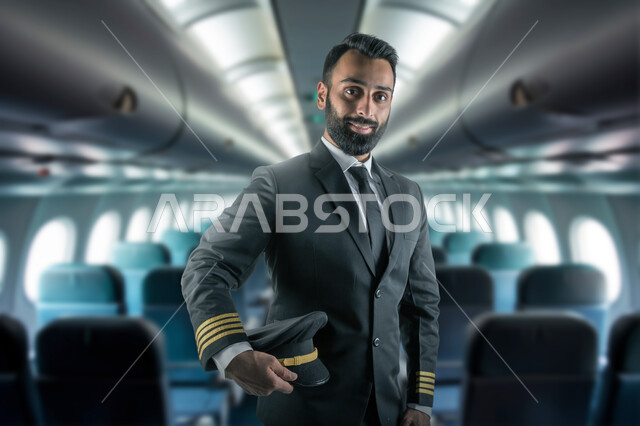 كابتن طيار عربي سعودي خليجي مبتسم رتدي الزي الرسمي الخاص بمزاولة مهنة الطيران ينظر الى الكاميرا بتعابير السرور يقف داخل الطائرة، طاقم الاستقبال والترحيب بالركاب، الخطوط الجوية السعودية، تقديم خدمات الطيران للركاب المسافرين