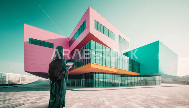 مفهوم الاجتهاد والمثابرة، جودة التعليم في المدارس والجامعات السعودية، صورة من الخلف لطالبة جامعية خليجية عربية سعودية محجبة ترتدي العباءة تحمل بيدها الكتب والحقيبة الدراسية تنظر إلى مبنى جامعتها، الاستعداد للعام الدراسي الجديد