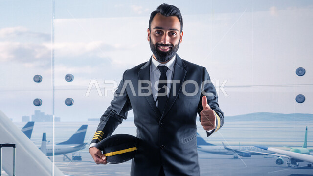 كابتن طيار عربي سعودي خليجي مبتسم رتدي الزي الرسمي الخاص بمزاولة مهنة الطيران ينظر الى الكاميرا بتعابير السرور ويشير بيده بعلامة الإعجاب بالخطوط الجوية السعودية، طاقم الاستقبال والترحيب بالركاب، تقديم خدمات الطيران للركاب المسافرين