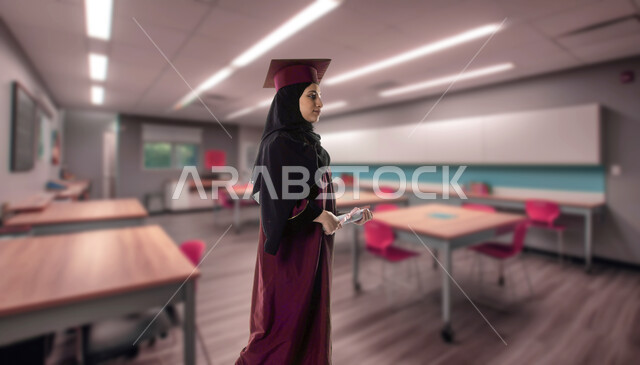 University events and celebrations, expressions and gestures of joy at achieving success, a picture from the side of a Saudi Arabian Gulf student wearing a graduation gown and hat, holding a certificate in her hand in the classroom, education in Saudi Arabia, completing the academic stages