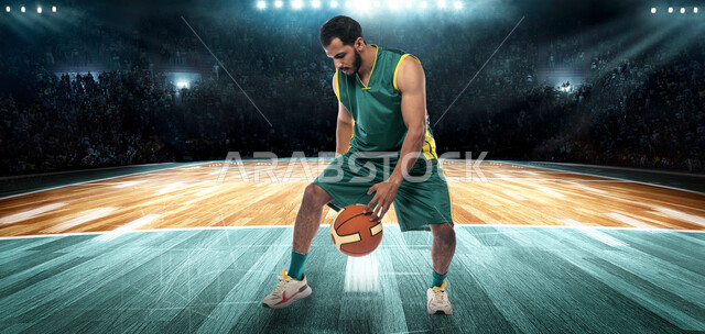 اتقان الحركات البطولية، شاب عربي خليجي سعودي يرتدي الملابس الرياضية يقوم بممارسة هواية كرة السلة، تمارين بدنية للتسليه والترفيه، جودة الحياة الصحية، أنشطة رياضية شبابية في السعودية، مفهوم اللياقة والمرونة، خلفية الملعب