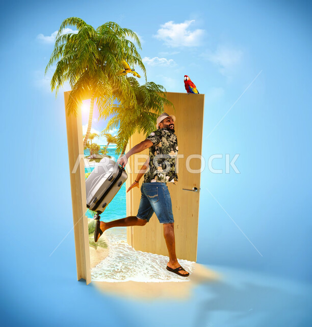 قضاء أوقات ممتعه على شواطئ المملكة, شاب عربي خليجي سعودي مبتسم يرتدي الزي الكاجوال والنظارة الشمسية يمسك بيده حقيبة أمتعة يخرج بحماس من باب خشبي مطل على البحر, الترفيه والتسلية والاستمتاع بالعطلة الصيفية، خلفية زرقاء مع غيوم بيضاء