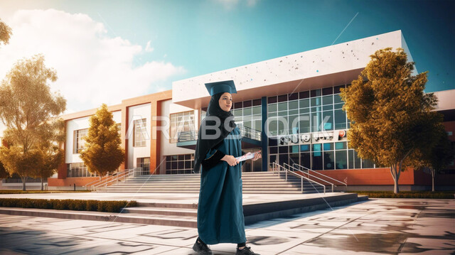 المناسبات والاحتفالات الجامعية, تعابير وايماءات الفرح بتحقيق النجاح, طالبة عربية سعودية خليجية مبتسمة ترتدي ثوب التخرج والقبعة تحمل بيدها الشهادة, التعليم في المملكة العربية السعودية, انهاء المراحل الدراسية، خلفية المبنى الجامعي