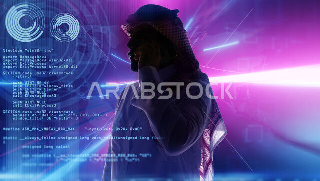 تطور التكنولوجيا الرقمية، صورة ظلية مقربة من الجانب لرجل اعمال عربي خليجي سعودي يرتدي الشماغ والثوب التقليدي يقوم باجراء مكالمة هاتفية، الذكاء الاصطناعي وتكنولوجيا المستقبل، خلفية ملونة مع أيقونات هولوجرامية ثلاثية الابعاد