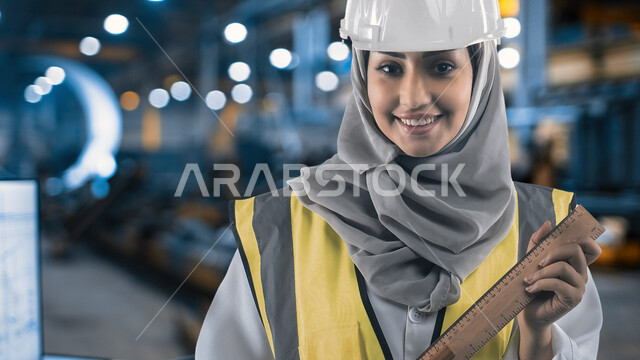مهن ووظائف نسائية سعودية، الاشراف والمتابعة على آلية سير عمل المعدات والآلات داخل المعمل، صورة مقربة لمهندسة صناعية عربية خليجية سعودية مبتسمة ترتدي الحجاب وسترة العمل وخوذة الحماية البيضاء تنظر الى الكاميرا بايماءات السعادة والشعور بالإنجاز، خلفية المصنع