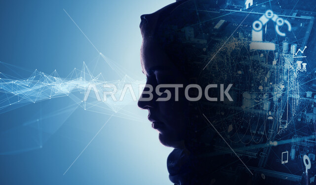 تقدم وتطور التكنولوجيا الرقمية، صورة ظلية مقربة من الجانب لإمرأة عربية خليجية سعودية ترتدي الحجاب تقوم بالتفكير ومراجعة ذاكرة المعلومات التقنية، الذكاء الاصطناعي وتكنولوجيا المستقبل، خلفية أيقونات هولوجرامية ثلاثية الابعاد