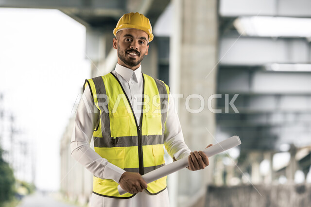 العمل في القطاع الهندسي، مفهوم الهندسة والانشاءات، الاشراف على تطبيق الخطط والمشاريع الهندسيه المعمارية في السعودية، مهندس عربي خليجي سعودي مبتسم يرتدي الخوذة وسترة الحماية يحمل بيده مخطط البناء في مقر عمله