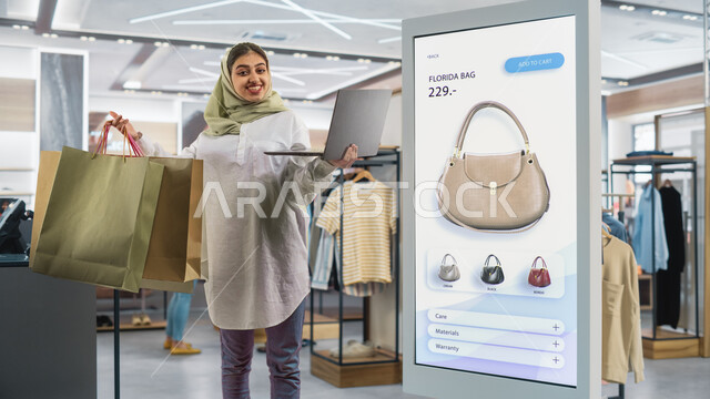 Quality of life in the Kingdom, pleasure while buying and shopping in malls, displaying billboards for luxury international bag models, women’s fashion and accessories, a young Saudi Arabian Gulf woman wearing a casual outfit holding a laptop and colorful shopping bags in her hands, the concept of fashion and elegance.