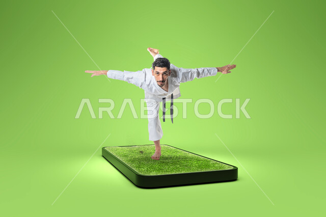 التدرب على حركات قتالية خاصة, بورتريه للاعب عربي خليجي سعودي يرتدي زي الكاراتيه الأبيض مع الحزام الأسود يقف على هاتف محمول كبير بشاشة عشب أخضر، ممارسة  رياضة الكاراتيه اليابانية، تطبيق حركات الكاتا, مفهوم اللياقة البدنية والتوازن، خلفية خضراء