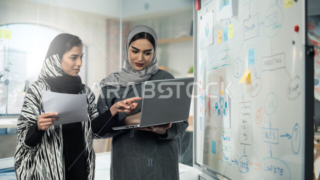 متابعة إنجازات مهام الموظفين، تعلم اساليب العمل والتطوير المهني، إمرأتان عربيتان خليجيتان سعوديتان محجبتان تقومان بتطوير الخطط وحل المشكلات لتحقيق أهداف الشركة، الانتباه للملاحظات وتطبيقها، العمل الجماعي وروح الفريق الواحد، نمط الحياة وبيئة العمل السعودي