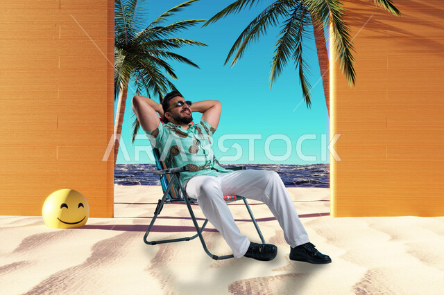 قضاء أوقات ممتعه على شواطئ المملكة, شاب عربي خليجي سعودي مبتسم يرتدي الزي الكاجوال والنظارة الشمسية يجلس على الكرسي يرفع يده للأعلى بإيماءات الاسترخاء والراحة, الترفيه والتسلية والاستمتاع بالعطلة الصيفية، نمط الحياة في السعودية، خلفية شاطئ البحر