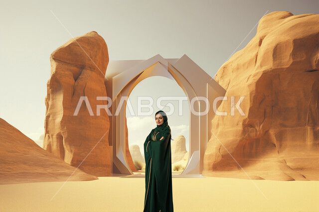 الوقوف بثقة والنظر إلى الكاميرا، سيدة عربية خليجية ترتدي عباءة عصرية تقف بأيدي متقاطعة وسط الكثبان الرملية، جودة الحياة في المناطق الصحراوية في المملكة، أماكن ومعالم سياحية مشهورة في المملكة، خلفية بوابة في الصحراء