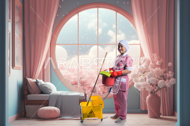 Paying attention to cleaning and performing routine tasks, bringing in trained foreign domestic workers, a smiling Indonesian cleaner wearing a uniform who cleans the bedroom, women’s professions and jobs, following up on housework, quality of services in Saudi Arabia