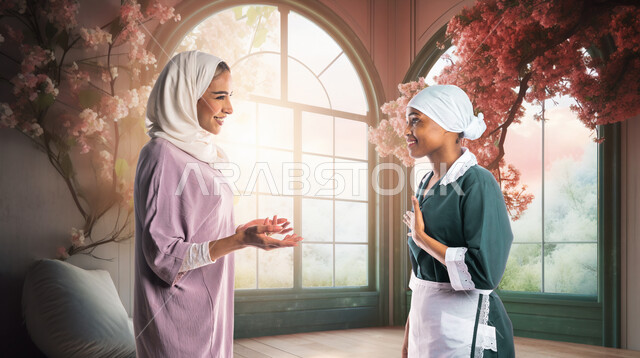 تأجير العمالة الخارجية المرخصة والمؤهلة، رضا ربة المنزل عن اداء العاملة، توفير خدمات العناية بالمنازل، المعاملة الحسنة للخادمات، سيدة عربية خليجية سعودية محجبة تقف في المنزل تعطي الارشادات والتوجيهات لخادمة افريقية