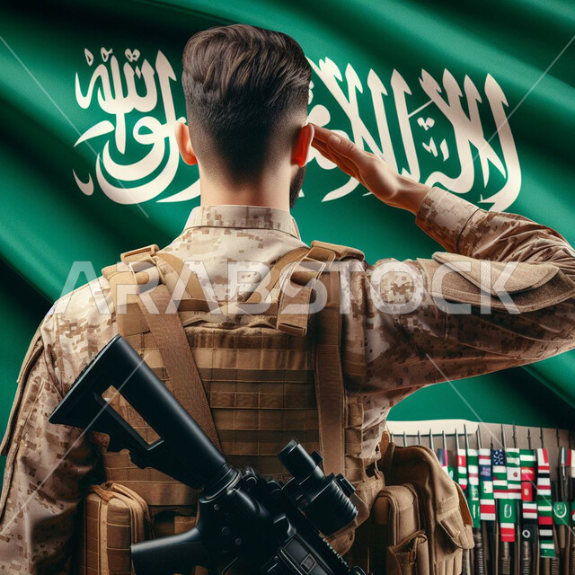الجيش العربي والقوات المسلحة السعودية، ذكرى توحيد المملكة 8 ربيع الاول، اليوم الوطني السعودي، الدفاع عن الوطن، يوم العلم 11 مارس، صورة من الخلف لجندي عربي خليجي سعودي يرتدي الزي العسكري يقف بانضباط ويحيي العلم