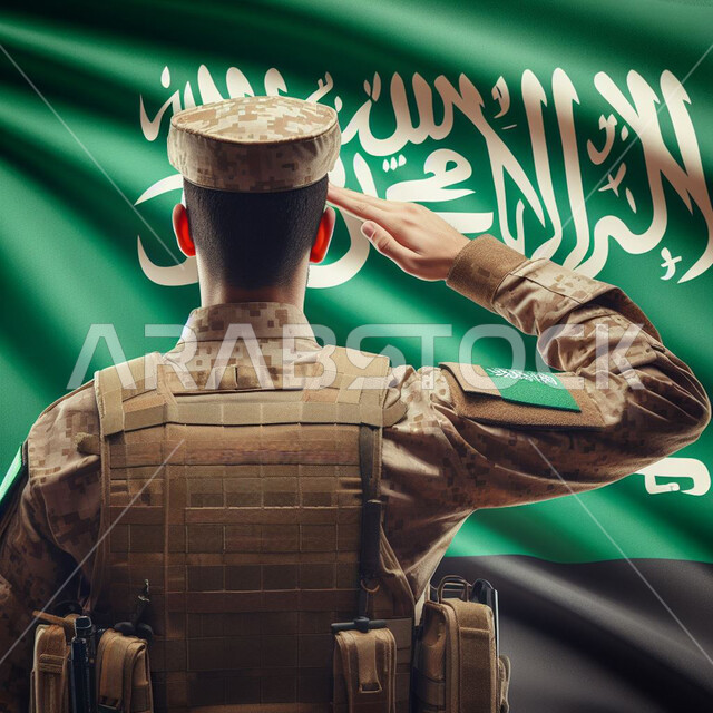 الجيش العربي والقوات المسلحة السعودية، ذكرى توحيد المملكة 8 ربيع الاول، اليوم الوطني السعودي، الدفاع عن الوطن، يوم العلم 11 مارس، صورة من الخلف لجندي عربي خليجي سعودي يرتدي الزي العسكري يقف بانضباط ويحيي العلم