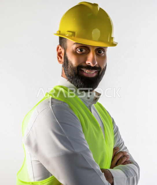 Portrait of a skilled Saudi engineer, professional in planning, man, Gulf engineer, white background