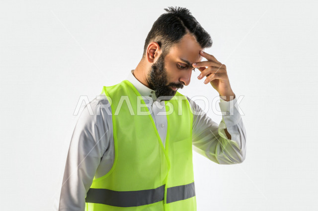 بورتريه رجل مهندس سعودي عربي بايماءات وجه و يدين مختلفة ،  مهندس ماهر محترف في المخططات ، رجل مهندس خليجي ، خلفية بيضاء