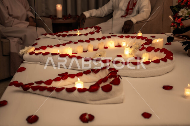 تبادل الأحاديث والتسامر بين الزوجين، تزيين غرفة النوم بطريقة رومانسية، احتفالات بذكرى الزواج، صورة مقربة لسرير مزين بالشموع والورود الحمراء للاحتفال بيوم الفلنتاين، الاهتمام بالمناسبات الخاصة.