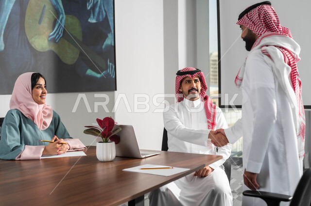 عقد الصفقات والاتفاقيات، اجراء مقابلات التعيين والتوظيف، استخدام الحاسب المحمول والأجهزة التكنولوجية الحديثة، التعاون والوحدة بين اعضاء الفريق، مفهوم المساواة بين النساء والرجال، مجموعة موظفين في غرفة الاجتماعات داخل مقر الشركة، المصافحة والترحيب والاستقبال