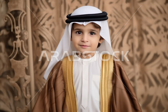 الوقوف بثقة والنظر إلى الكاميرا, صورة مقربة لولد عربي خليجي سعودي يرتدي البشت والعقال والغترة التقليدية, ارتداء الأزياء الشعبية, مفهوم البراءة والطفولة 