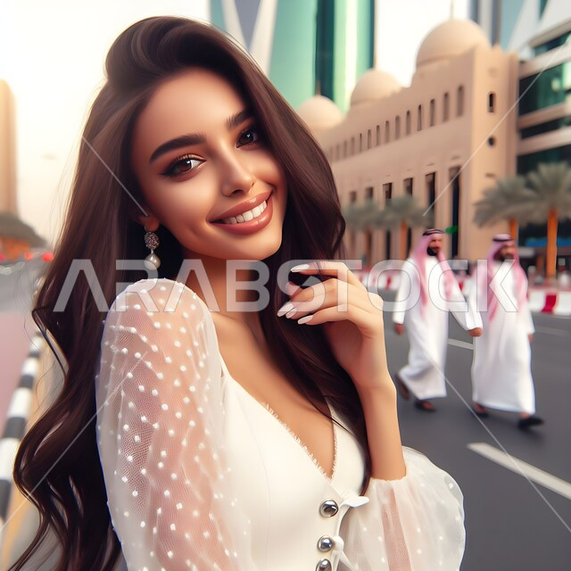نظرات الأنوثة والنعومة، الاهتمام بالأناقة والمظهر الخارجي، صورة مقربة لفتاة عربية خليجية سعودية مبتسمة تنظر إلى الكاميرا بإيماءات الحياء والخجل ، الشعور بالسعادة والفرح، مفهوم التزين والاطلالة المتألقة، تصفيفات شعر متميزة