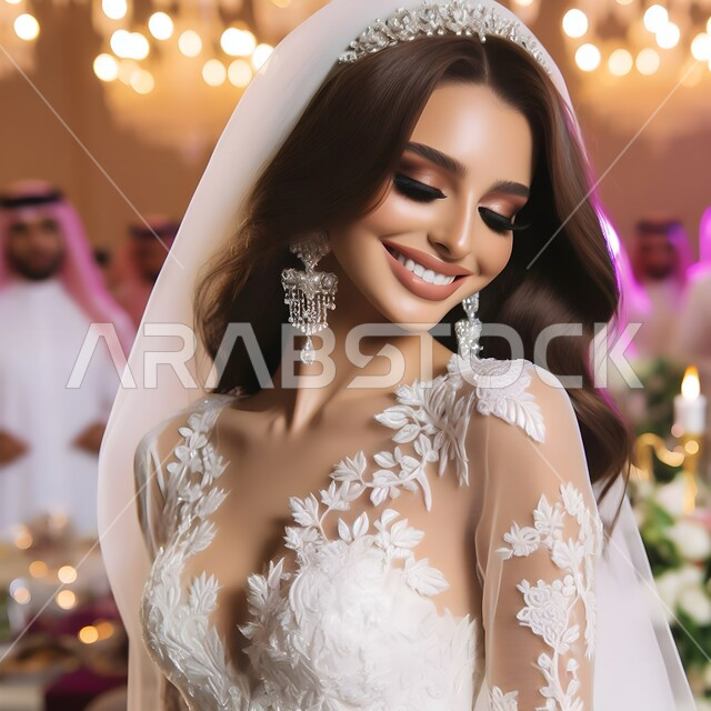 الشعور بالسعادة والفرح، الاهتمام بالأناقة والمظهر الخارجي، صورة مقربة لعروسة عربية خليجية سعودية مبتسمة ترتدي فستان الزفاف الأبيض وتاج الألماس ، مفهوم التزين والاطلالة المتألقة، إيماءات الحياء والخجل، الاحتفال بليلة العمر