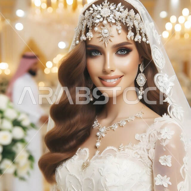 الاهتمام بالأناقة والمظهر الخارجي، مفهوم التزين والاطلالة المتألقة، بورتريه مقرب لعروسة عربية خليجية سعودية مبتسمة ترتدي فستان الزفاف الأبيض تنظر إلى الكاميرا بإيماءات الفرح ، الاحتفال بليلة العمر، مناسبات وأفراح واحتفالات