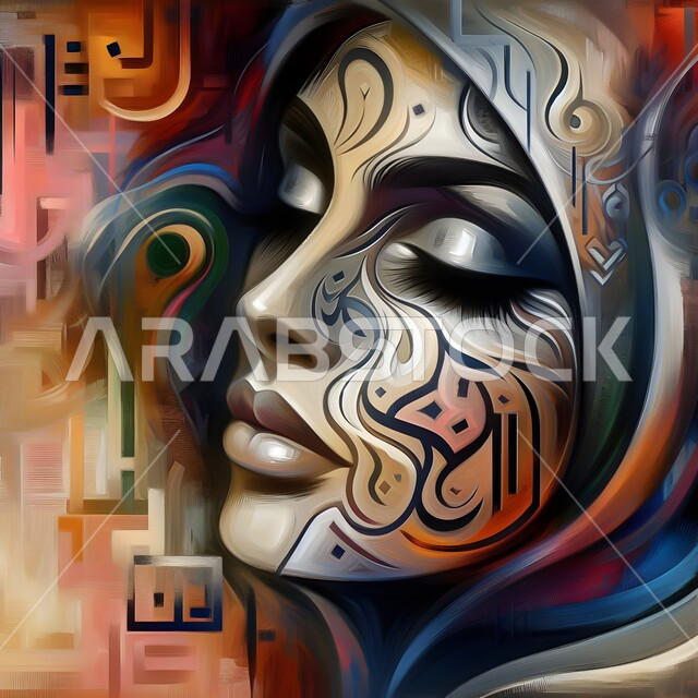 تصاميم ولوحات جدارية، مفهوم الأنوثة واللطافة، لوحة زيتية تجريدية مرسومة بالأحرف العربية لوجه امرأة عربية خليجية سعودية بنظرات حادة، رسوم توضيحية ثلاثية الأبعاد بألوان متميزة، تحف فنية و ديكورات ثقافية أثرية، خلفية ملونة