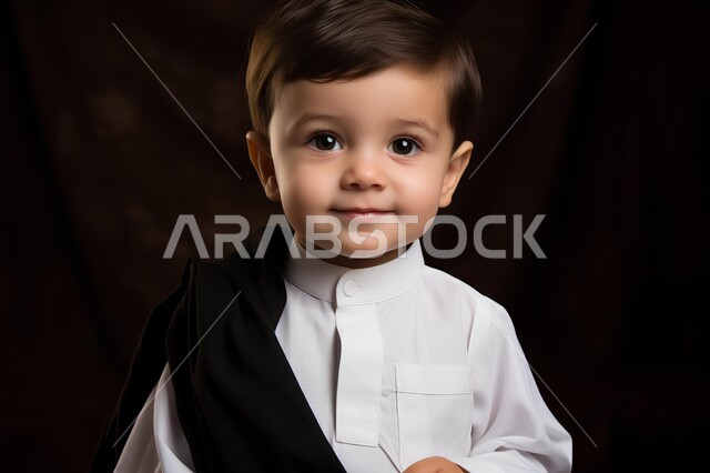 Innocence, kindness, and childhood, the concept of caring about children’s external appearance, a close-up portrait of a smiling Saudi Gulf Arab boy wearing a traditional white dress looking at the camera, a personal photo for official documents, black background
