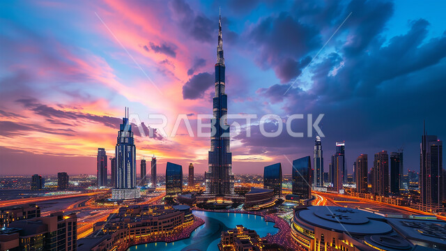 التطور العمراني الهندسي الفني للأبراج وناطحات السحاب في مدينة الإمارات العربية المتحدة, الفن المعماري على الطراز الحديث والمتطور لمبنى برج خليفة في إمارة دبي, معالم وأماكن السياحة المشهورة, منظر السماء المليئة بالغيوم والسحب الداكنة