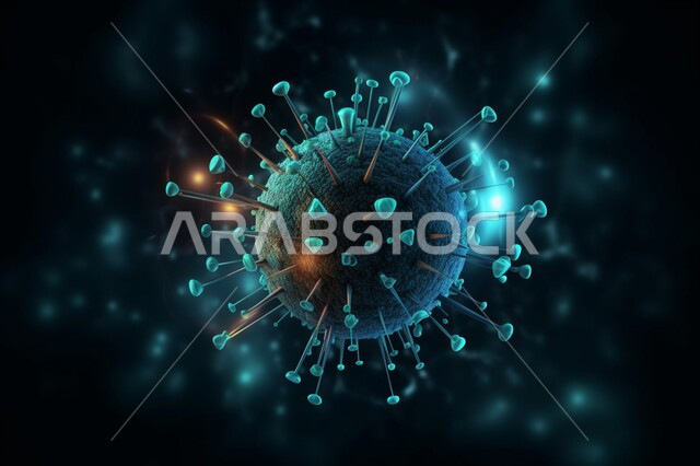 مفهوم الفايروسات والبكتيريا, رسوم توضيحية ثلاثية الابعاد لخليه مضيئه باللون الازرق, الفيروسات والامراض المعديه, انتشار جائحة كورونا، الوقاية من الأمراض، خلفيه سوداء