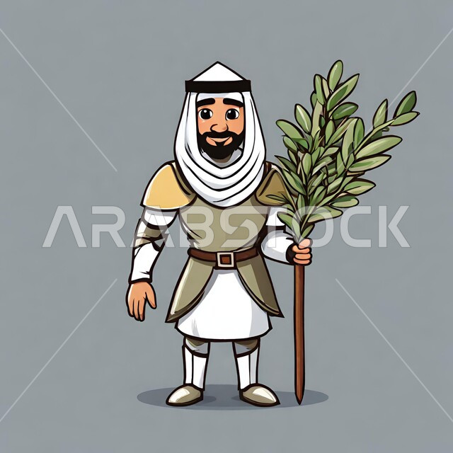 رسم توضيحي ثلاثي الأبعاد لفارس عربي خليجي إماراتي ينظر إلى الكاميرا يحمل بيده غصن من الزيتون، مفهوم العروبة والأصالة، تاريخ وامجاد الإمارات العربية المتحدة، الوقوف باستقامة وثقة، خلفية رمادية