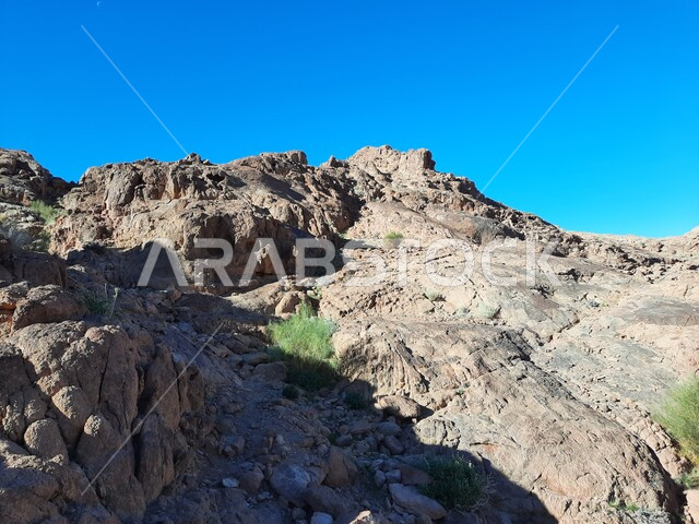 معالم اثرية تاريخية قديمة سياحية مشهورة، نمو النباتات والاعشاب البرية في المناطق المرتفعة، التكوينات والتشكيلات الصخرية والتضاريس في المملكة العربية السعودية، الاستمتاع بالمناظر الطبيعية في وقت النهار، سلسلة الجبال المجاورة لصخرة سبليت في مدينة تبوك الصحراوية