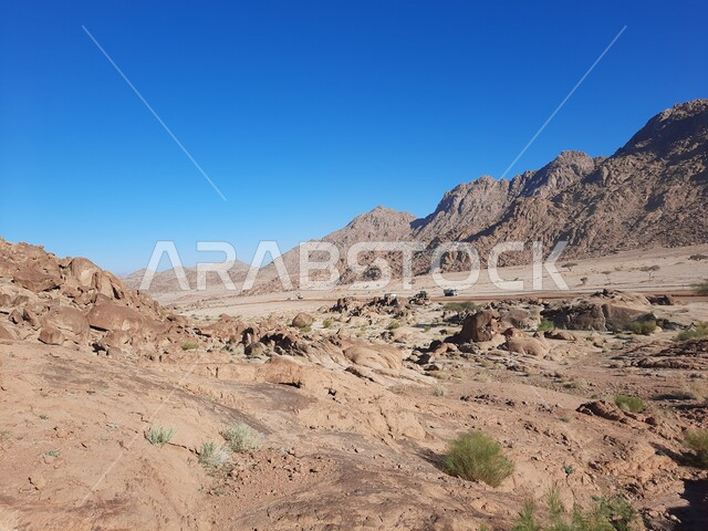 معالم اثرية تاريخية قديمة سياحية مشهورة، نمو النباتات والاعشاب البرية في المناطق المرتفعة، التكوينات والتشكيلات الصخرية والتضاريس في المملكة العربية السعودية، الاستمتاع بالمناظر الطبيعية في وقت النهار، سلسلة الجبال المجاورة لصخرة سبليت في مدينة تبوك الصحراوية