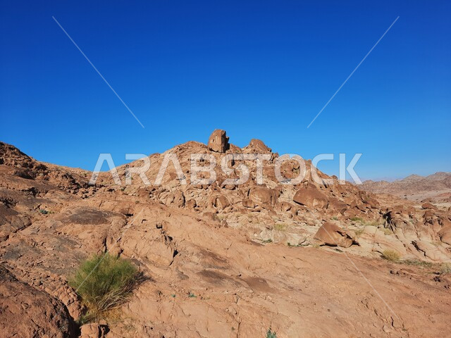 الاستمتاع بالمناظر الطبيعية في وقت النهار، سلسلة الجبال المجاورة لصخرة سبليت في مدينة تبوك الصحراوية، معالم اثرية تاريخية قديمة سياحية مشهورة، نمو النباتات والاعشاب البرية في المناطق المرتفعة، التكوينات والتشكيلات الصخرية والتضاريس في المملكة العربية السعودية