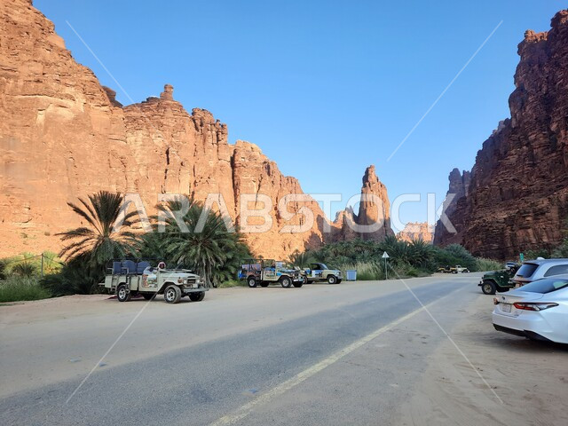 القيام برحلات ومغامرات برية استكشافية في وادي الديسة، المناطق الصحراوية والكثبان الرملية في البراري، معالم اثرية تاريخية قديمة، اماكن سياحية مشهورة في المملكة العربية السعودية، طريق اسفلتي وسط سلسلة الجبال والتكوينات والتشكلات الصخرية في منطقة تبوك 