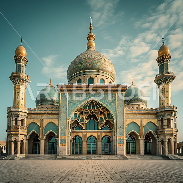 العبادة والتقرب إلى الله، الفن الهندسي المعماري على الطراز الإسلامي الحديث، تصميم لمسجد مزخرف باللون الذهبي، نداء المسلمين لآداء الصلوات والفرائض، خلفيات وديكورات رمضانية، معالم دينية إسلامية