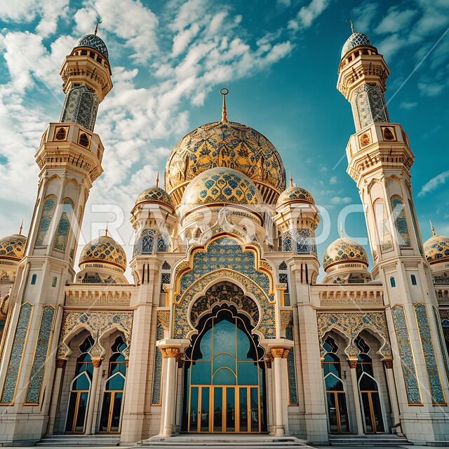 نداء المسلمين لآداء الصلوات والفرائض، الفن الهندسي المعماري على الطراز الإسلامي الحديث، تصميم لمسجد مزخرف باللون الذهبي، العبادة والتقرب إلى الله، خلفيات وديكورات رمضانية، معالم دينية إسلامية