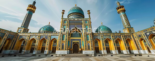 خلفيات وديكورات رمضانية، الفن الهندسي المعماري على الطراز الإسلامي الحديث، تصميم لمسجد مزخرف باللون الذهبي، العبادة والتقرب إلى الله، نداء المسلمين لآداء الصلوات والفرائض، معالم دينية إسلامية