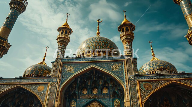 الفن الهندسي المعماري على الطراز الإسلامي الحديث، تصميم لمسجد مزخرف باللون الذهبي، العبادة والتقرب إلى الله، نداء المسلمين لآداء الصلوات والفرائض، خلفيات وديكورات رمضانية، معالم دينية إسلامية