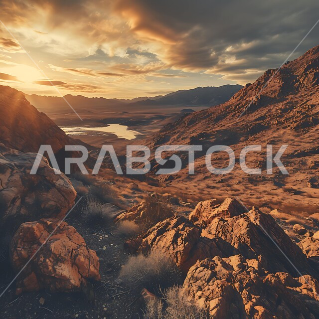 Rock formations and formations, thorny desert plants and herbs in the wild lands, a water stream in the middle of the grassland biome, sunset and sunrise among the mountains and diverse terrain, sky view with dense clouds, nature background in the Kingdom of Saudi Arabia