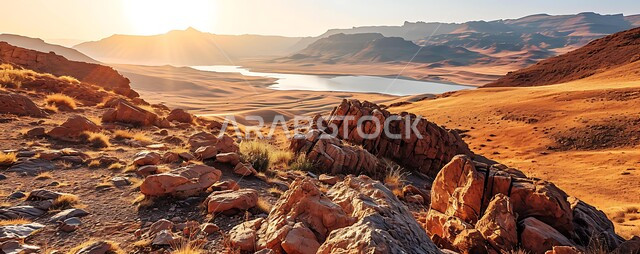 شروق وغروب الشمس بين الجبال والتضاريس المتنوعة، التشكيلات والتكوينات الصخرية،  جدول ماء وسط الأراضي الحيوية، منظر السماء مع السحب الكثيفة، خلفية الطبيعة في المملكة العربية السعودية