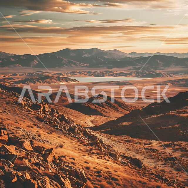 منظر السماء مع السحب الكثيفة، التشكيلات والتكوينات الصخرية،  جدول ماء وسط الأراضي الحيوية، المرتفعات الجبلية والتضاريس المتنوعة، خلفية الطبيعة في المملكة العربية السعودية