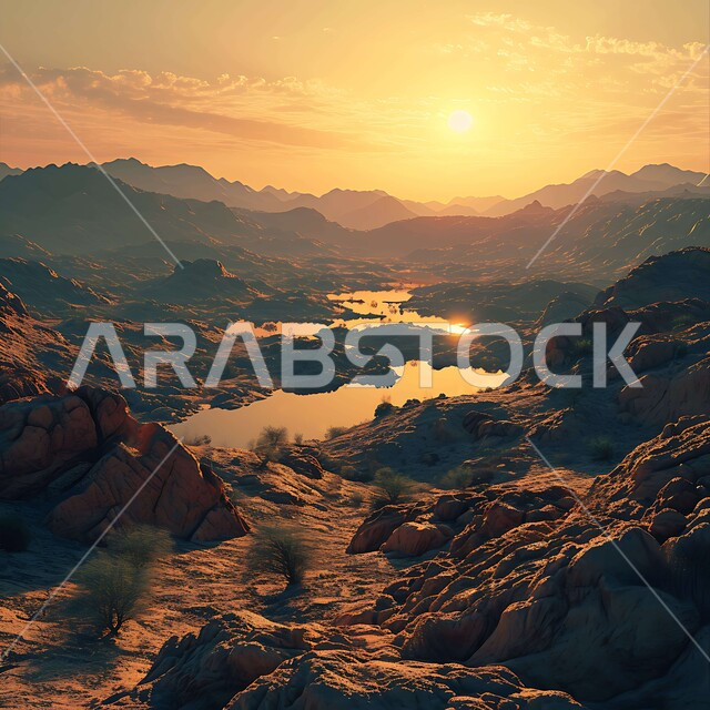 التشكيلات والتكوينات الصخرية،  جدول ماء وسط الأراضي الحيوية العشبية، غروب وشروق الشمس بين الجبال والتضاريس المتنوعة، منظر السماء مع السحب الكثيفة، خلفية الطبيعة في المملكة العربية السعودية