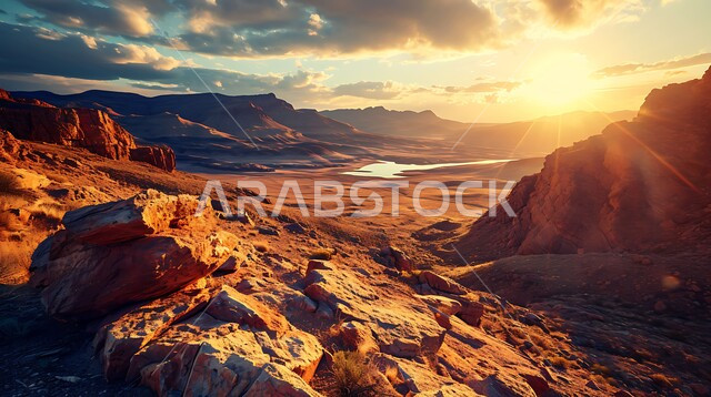 التكوينات والتشكيلات الصخرية،  جدول ماء وسط الأراضي الحيوية العشبية، غروب وشروق الشمس بين الجبال والتضاريس المتنوعة، منظر السماء مع السحب الكثيفة، خلفية الطبيعة في المملكة العربية السعودية